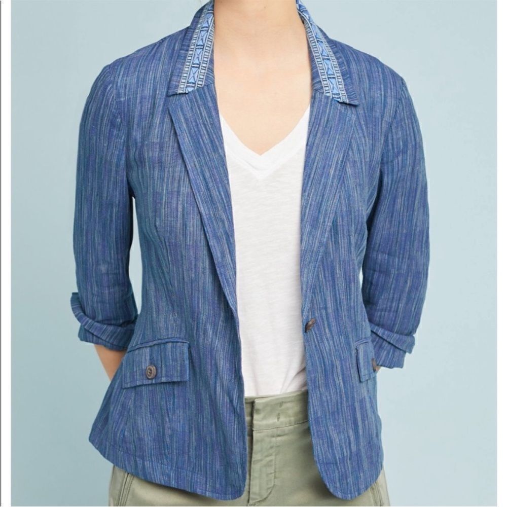 NWT ANTHROPOLOGIE CARTONNIER BLUE WINONA EMBROIDERED LINEN/COTTON BLAZER SIZE 0